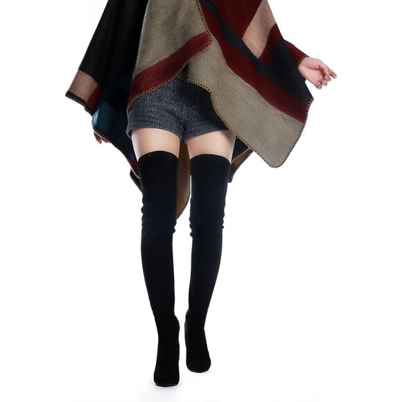 Women Suede Black Stretch Thigh High Over The Knee Chunky Heel Pointed Toe Boots - Picture 2 of 5